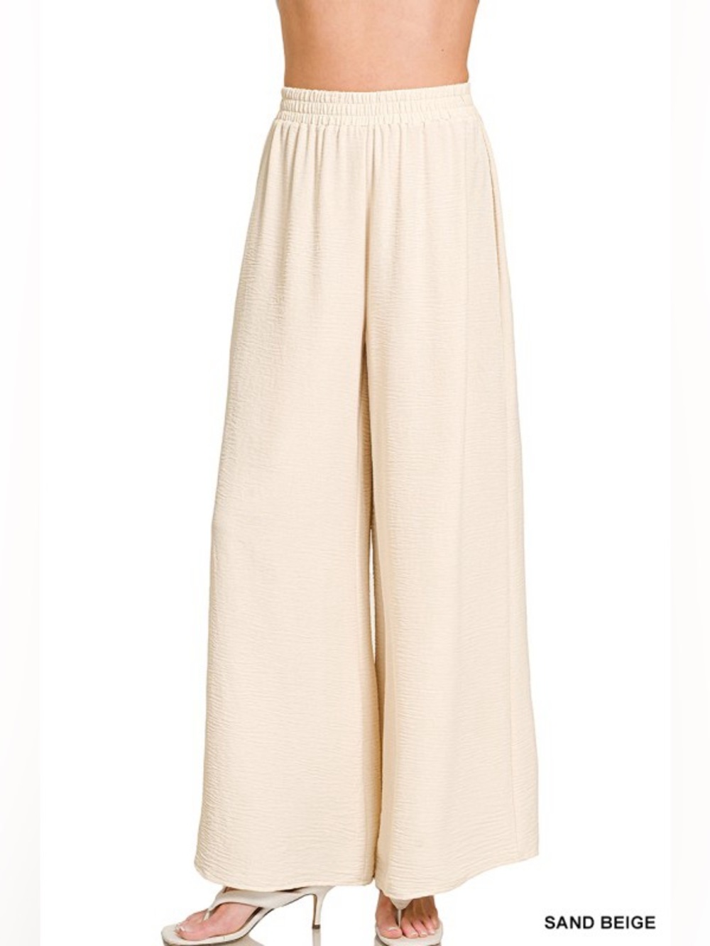 Zenana Sand Beige Woven Airflow Elastic Waistband Pants - Picture 3 of 3